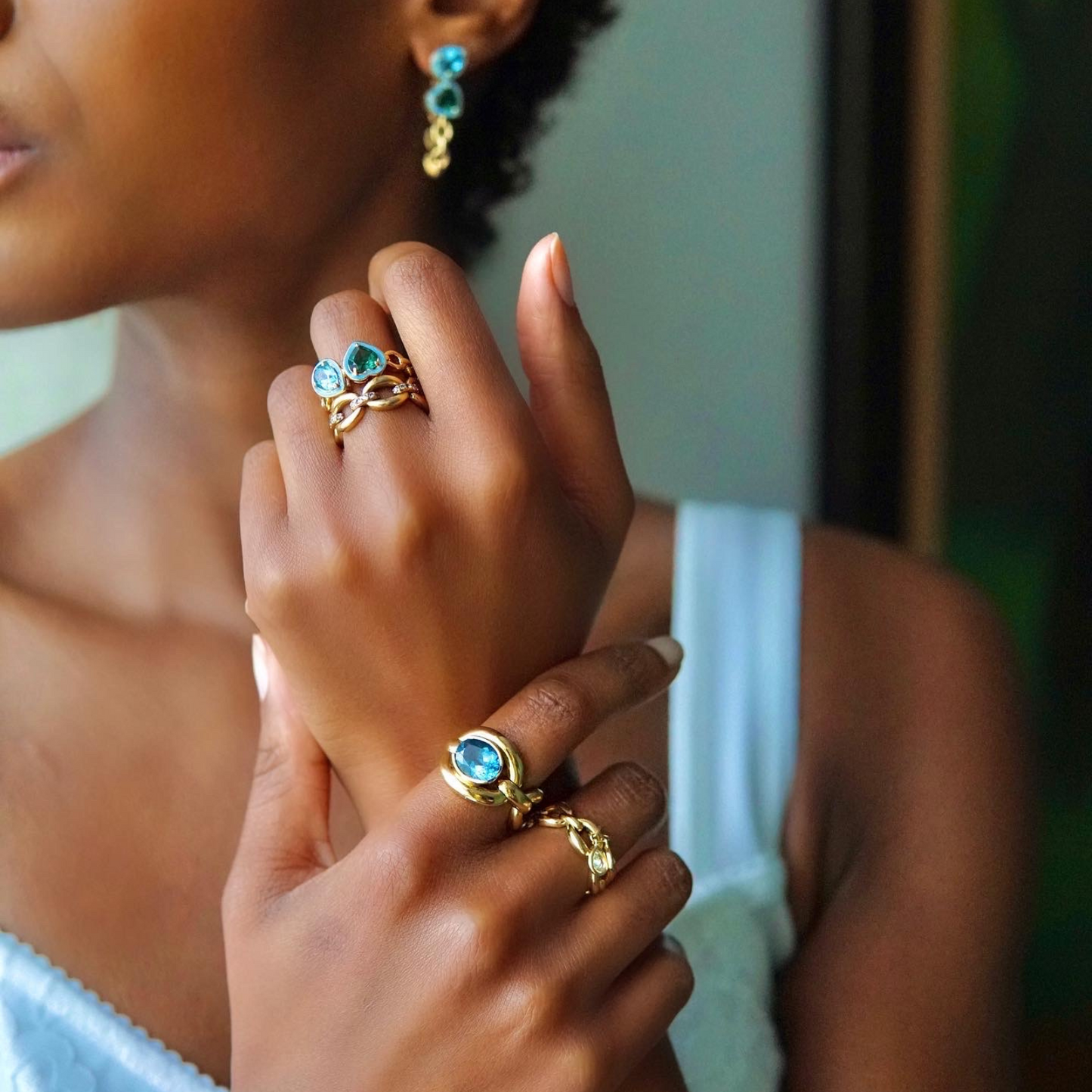 Catena Enamel Double Emerald and Blue Topaz Ring