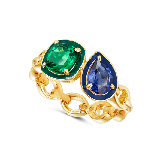 Catena Enamel Double Emerald and Blue Sapphire Ring
