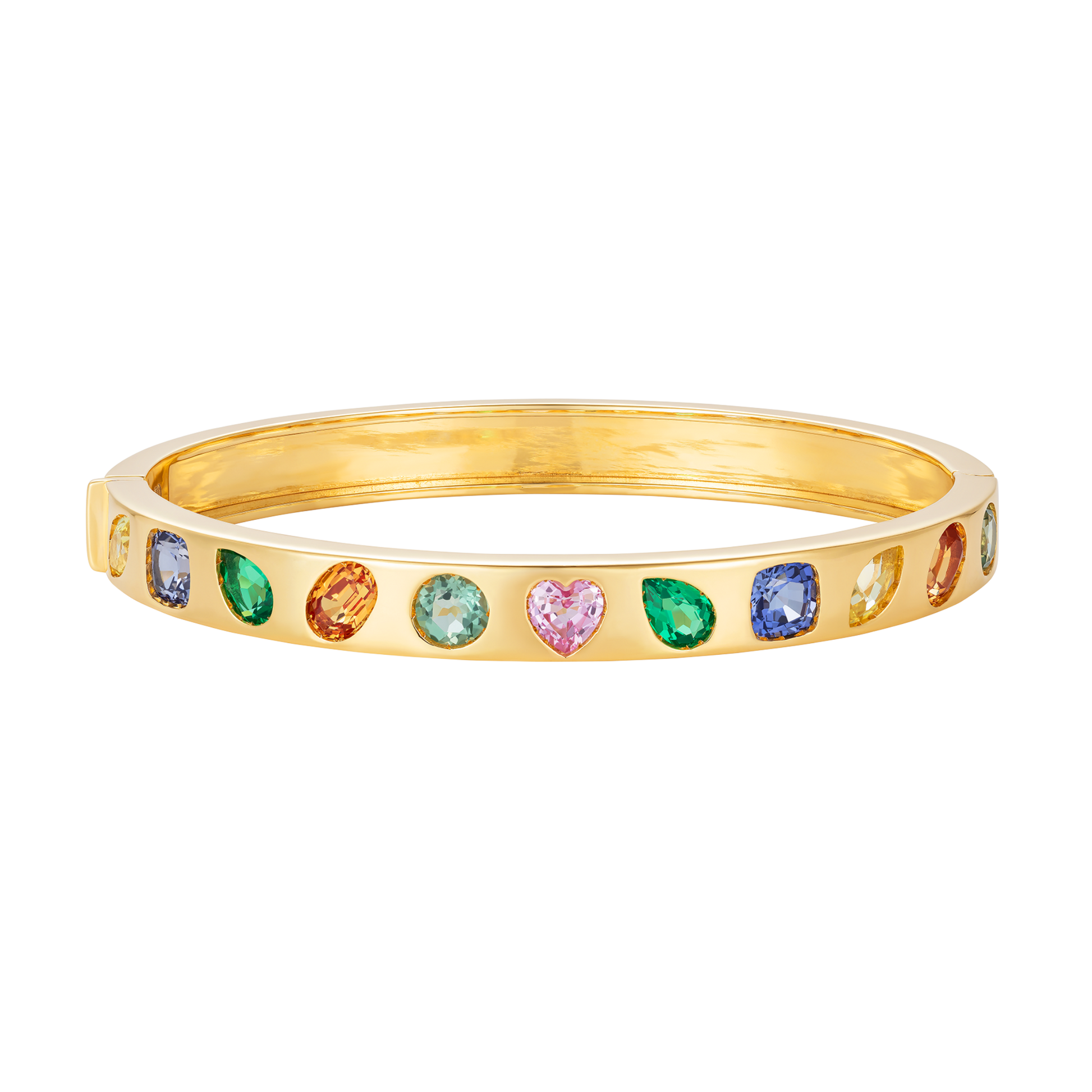 Catena Rainbow Bangle in 18k yellow gold with orange sapphires, pink sapphires, blue sapphires, yellow sapphires, green sapphires, blue topaz, and green tourmalines.