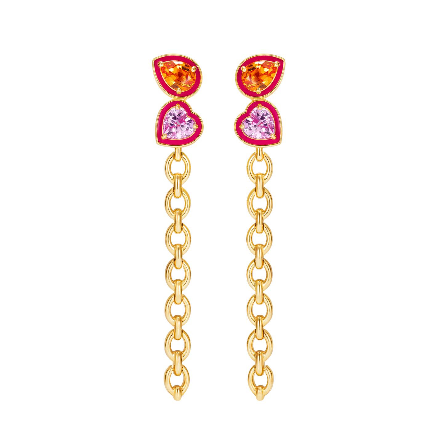 Catena Double Stone Long Enamel Earrings in 18k yellow gold (13.34g) with pink and orange enamel, orange sapphire and pink sapphire.