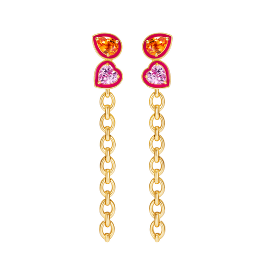 Catena Double Stone Long Enamel Earrings in 18k yellow gold (13.34g) with pink and orange enamel, orange sapphire and pink sapphire.