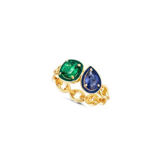 Catena Enamel Double Emerald and Blue Sapphire Ring